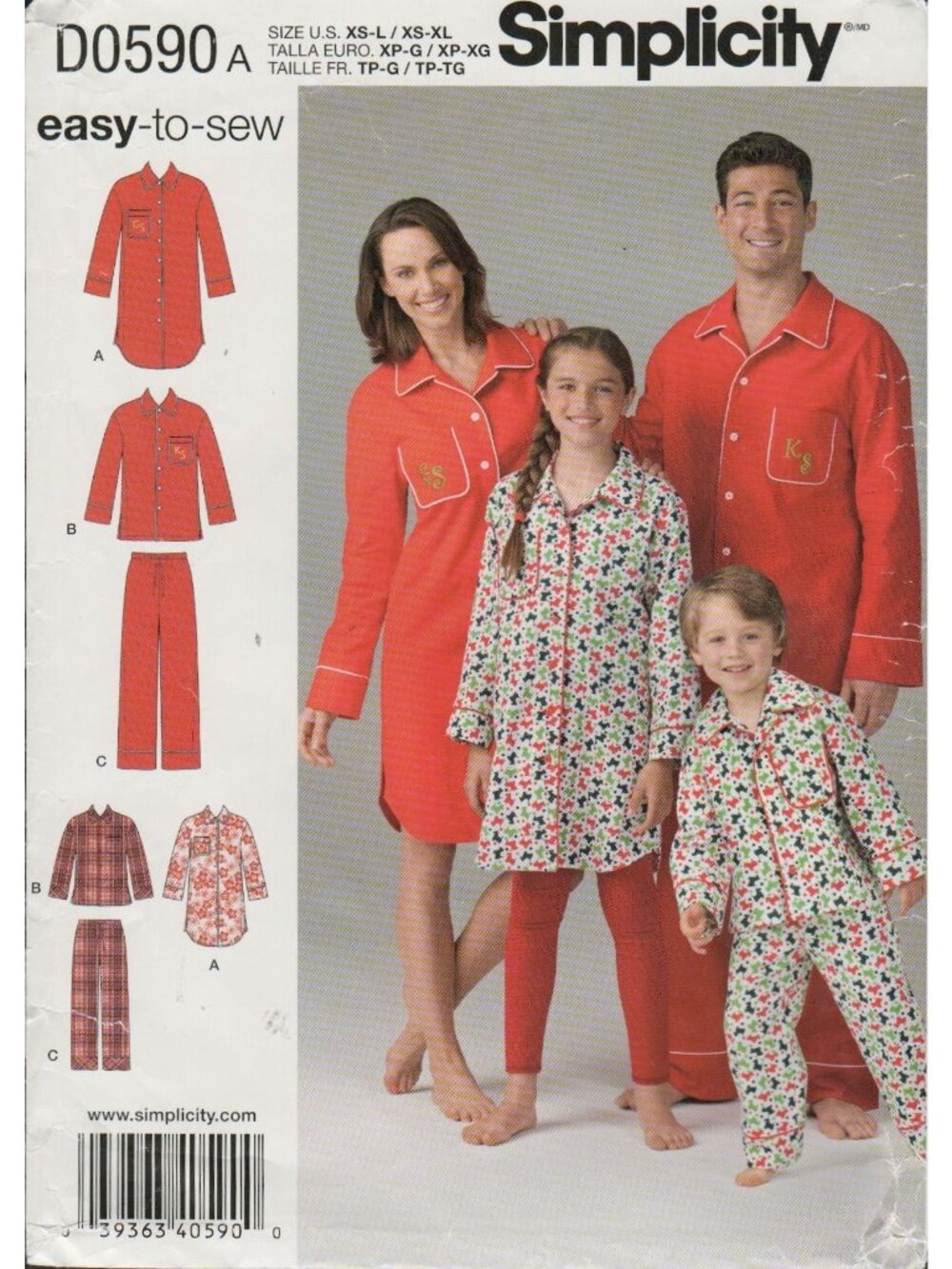 Simplicity D0590 1504 Family Christmas Pajamas & Nightshirt Pattern Uncut Easy